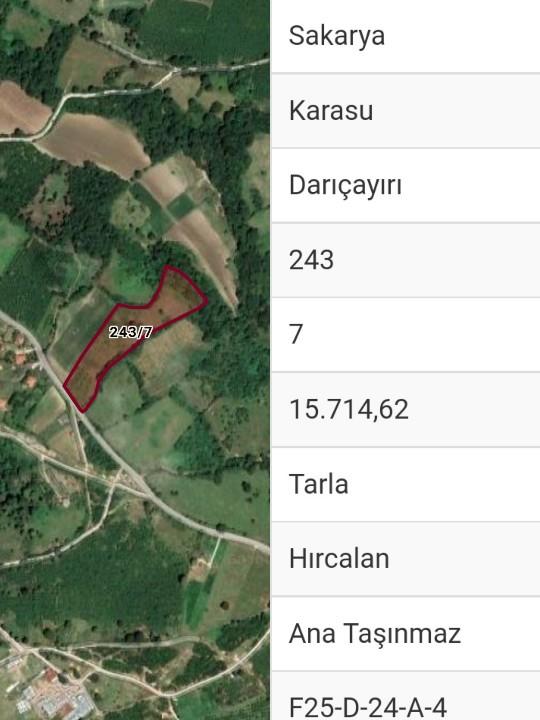 Sakarya , Karasu , Darıçayırı'nda  15.714,62 m² Tarla